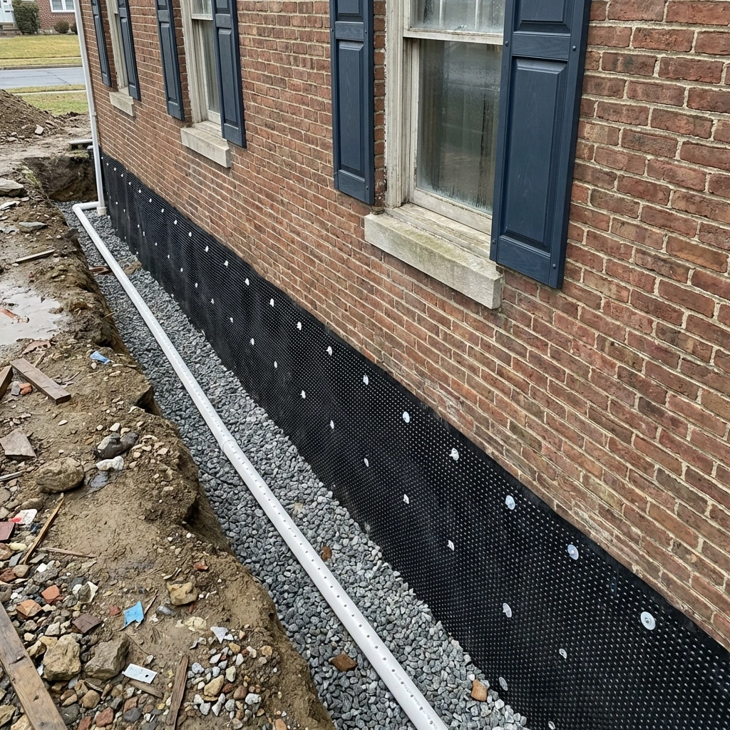 Exterior basement waterproofing in Ridgewood, New Jersey, showing foundation excavation with waterproof membrane, drainage board, and perimeter drain installation.